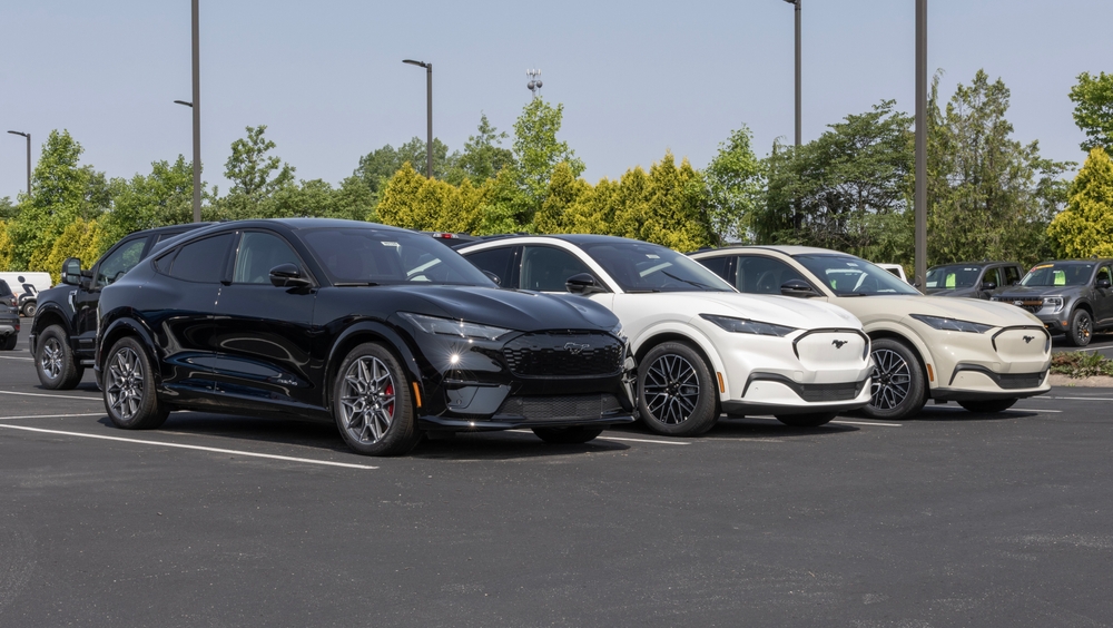 Ford Mustang Mach-E EV lineup at dealership, EV battery service Murfreesboro TN, 12-volt battery health check for electric vehicles, high-voltage system inspection, Ford hybrid and EV maintenance, fall battery check Tennessee, Ford of Murfreesboro Service Center, schedule EV service online, Ford certified EV technicians