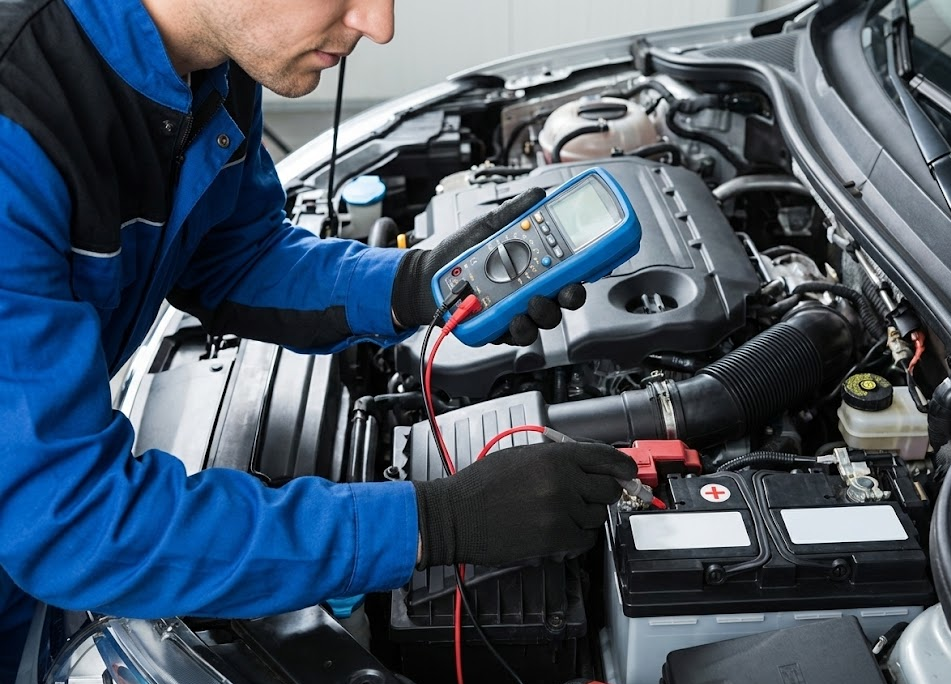 Mopar-certified technician performing battery test, Franklin Chrysler Dodge Jeep Ram Service Center, complimentary battery inspection Franklin TN, car battery cold crank amp testing near Nashville, Jeep and Ram battery replacement service, winter car starting problems Middle Tennessee, corrosion check on battery terminals, CDJR service specials Franklin Tennessee, reliable battery testing before cold snap, professional auto service on Murfreesboro Road
