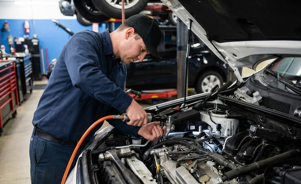 Auto technician in blue uniform inspecting engine bay, checking radiator and cooling system components, hidden deer collision damage under the hood, professional front-end diagnostic inspection, Cool Springs Collision Center service bay Franklin TN, I-CAR Gold and ASE certified mechanic, radiator leak testing and condenser inspection, Middle Tennessee collision repair shop near Nashville and Brentwood