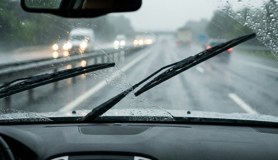 view from inside Nissan windshield during heavy rain, wiper blades clearing water on busy highway, East Tennessee storm driving near Knoxville, need streak-free genuine Nissan wiper blades, safe visibility on I-40 and I-75, Ted Russell Nissan wiper replacement service, rainy commute safety, beam-style wipers handling Tennessee thunderstorms and road spray