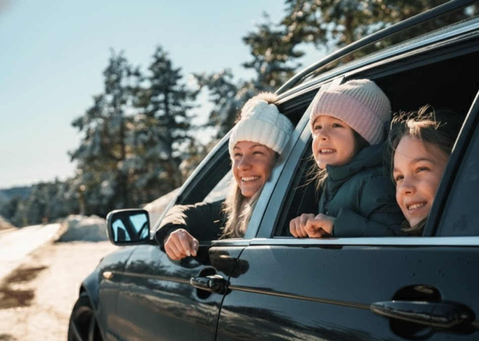 smiling family in luxury SUV resembling BMW, children and parent looking out windows on sunny winter day, safe road conditions after winter tires and service, Long Island winter road trip near Freeport NY, BMW of Freeport Service Center customers enjoying confident driving, xDrive and winter tires working together, happy BMW owners after pre winter inspection, family safety and comfort in cold weather, positive dealership experience on Sunrise Highway