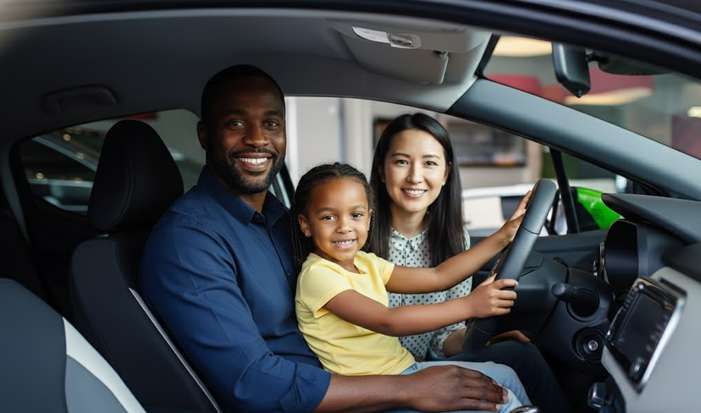 Smiling family sitting together inside modern Volkswagen SUV, child at steering wheel with parents beside her, happy VW owners after battery service, safe reliable car for Atlanta and Snellville commutes, Stone Mountain Volkswagen customers enjoying peace of mind, VW family vehicle ready for fall and winter driving, dependable start every time, local VW dealership experience, Atlanta GA metro VW service satisfaction