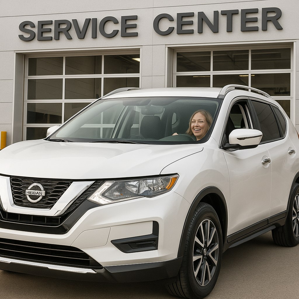 Happy Nissan driver leaving McDonough Nissan Service Center after oil change service.