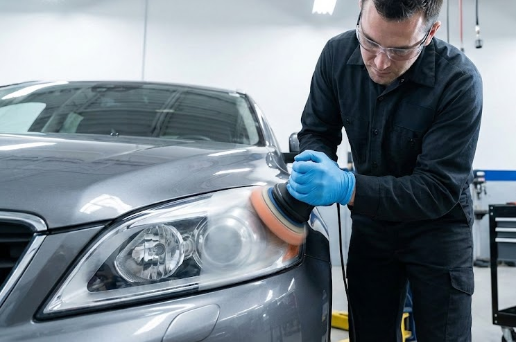 auto technician polishing Nissan headlight lens, professional headlight restoration service at Ted Russell Nissan Service Center Knoxville TN, removing oxidation and haze, restoring clear headlight beam pattern, dealership visibility inspection, preparing for Smoky Mountain fog and East Tennessee winter driving, genuine Nissan parts and factory-trained technician