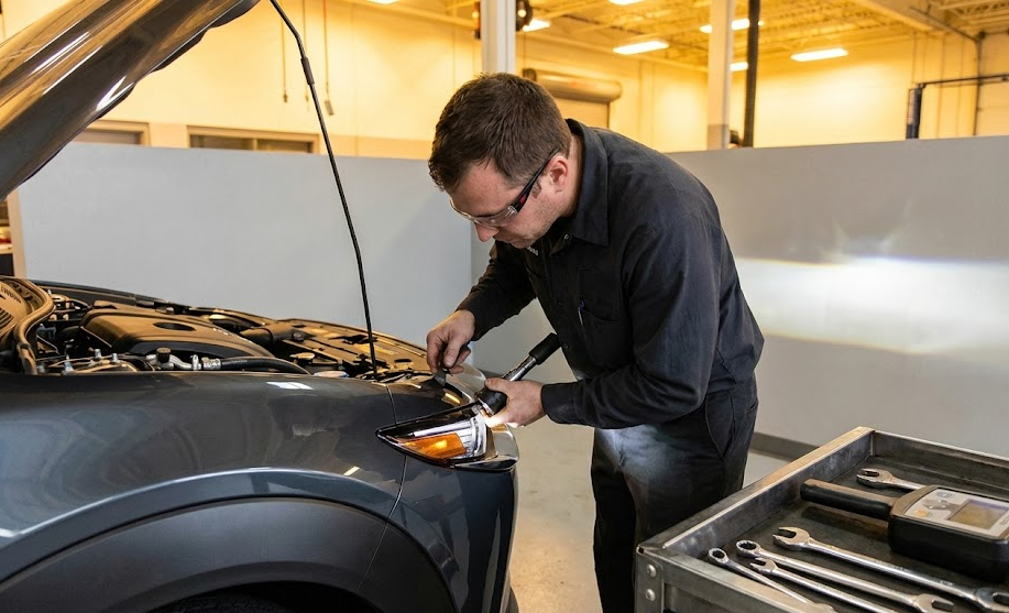 Hyundai headlight alignment and bulb inspection, technician adjusting front headlamp beam, South Charlotte Hyundai Service shop interior, Pineville NC Hyundai maintenance, proper headlight aim for deer season, restoring night visibility for Charlotte drivers, checking lens clarity and light output, factory specified Hyundai alignment tools, safety focused service near I-485 and Providence Road, fall and winter driving preparation