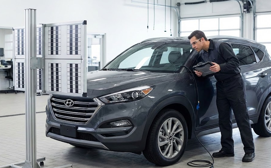 Technician performing High Beam Assist camera calibration on Hyundai SUV, South Charlotte Hyundai Service advanced driver assistance system setup, ADAS calibration equipment in service bay, windshield mounted camera alignment, Hyundai safety technology for night driving, proper high beam function on rural North Carolina roads, Pineville NC Hyundai dealership service department, preparation for November deer season, professional diagnostic tools and certified Hyundai technician