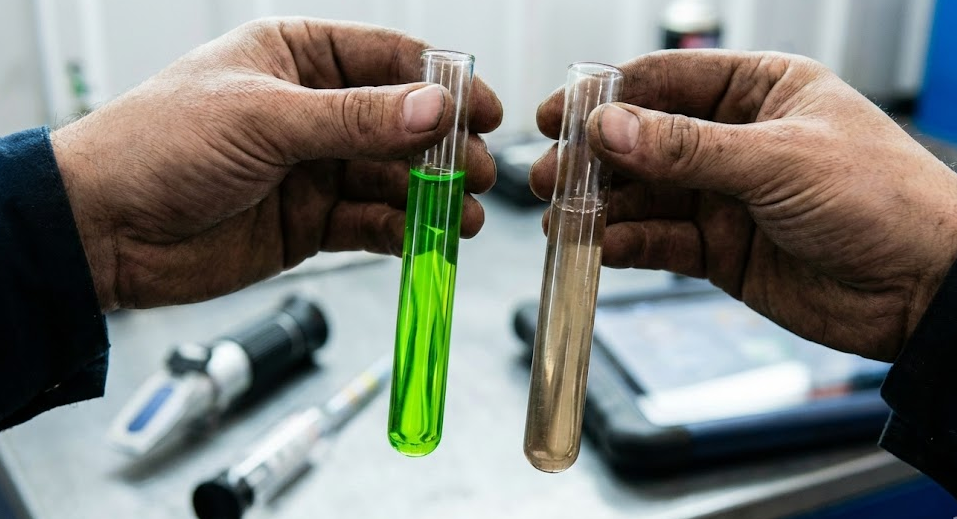 mechanic holding two coolant test tubes, fresh green antifreeze vs dirty brown fluid, Hyundai coolant chemistry demonstration, acidic coolant damage to aluminum engines, coolant flush test Cookeville TN, professional antifreeze testing for Hyundai Tucson Santa Fe Palisade Elantra Sonata, prepare cooling system for freezing weather, Hyundai of Cookeville service center