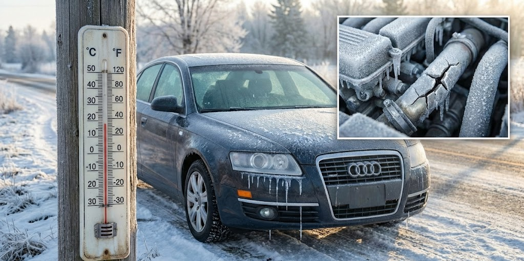 car covered in ice on snowy country road, outdoor thermometer showing deep freeze, inset image of cracked frozen engine block, severe freeze damage from diluted coolant, costly engine repair risk, why Hyundai coolant flush matters, protect aluminum engine from ice expansion, Cookeville TN winter driving hazards, antifreeze protection for holiday travel