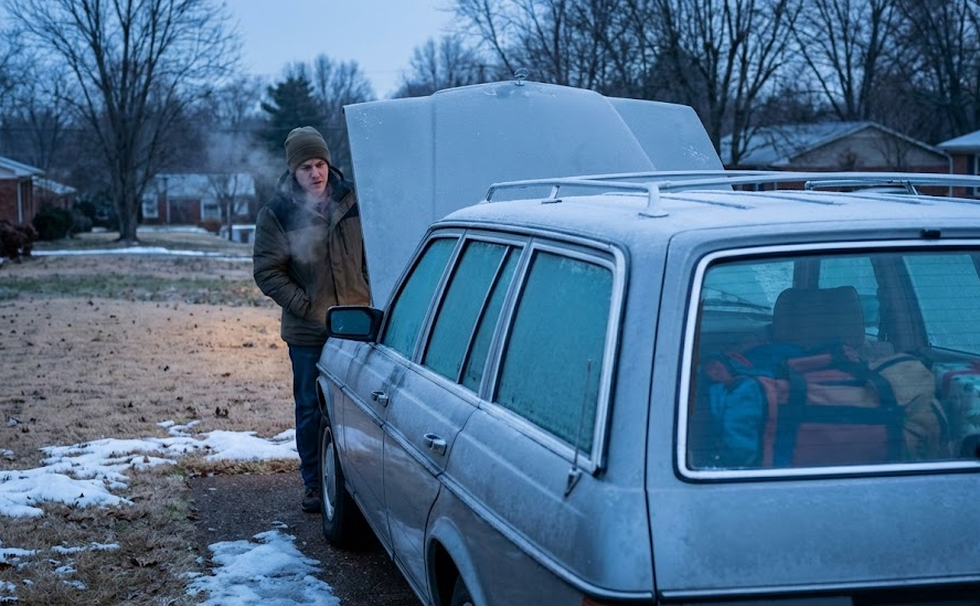 frozen car on cold Cookeville TN winter morning, driver stranded with hood open, holiday road trip luggage in back, Hyundai coolant problem, engine will not start, winter car trouble near Cookeville Tennessee, importance of coolant flush and antifreeze, Hyundai winter maintenance warning, protect engine from freezing temperatures