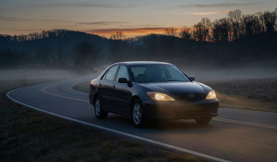 sedan driving at dusk on curving Tennessee highway, Hyundai night driving safety Cookeville TN, Hyundai of Cookeville visibility inspection, cloudy headlights on rural Highway 111 near Sparta, fall and winter driving Upper Cumberland, headlight and wiper check before deer season, Hyundai service center near Algood and Baxter, Hyundai maintenance for darker months in Middle Tennessee