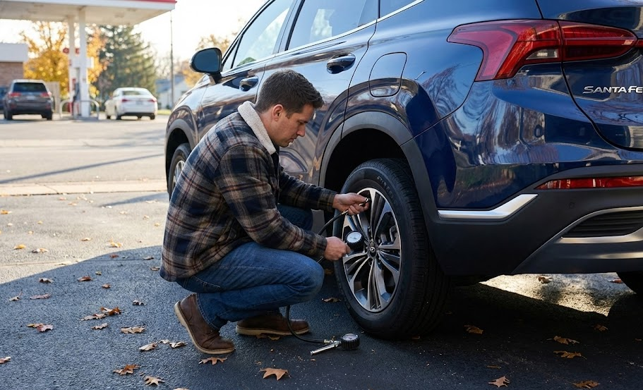 Hyundai Santa Fe driver checking tire pressure with gauge, TPMS light on in Hyundai SUV, adding air to tires at gas station near Charlotte NC, preparing Hyundai for fall and winter driving, tire pressure maintenance Pineville Matthews and Fort Mill, Hyundai Santa Fe tire inflation and PSI check, do it yourself tire pressure check before visiting South Charlotte Hyundai Service Center, gas station air pump and tire gauge, prevent uneven tire wear and improve fuel economy, Hyundai Santa Fe roadside safety and tire care tips