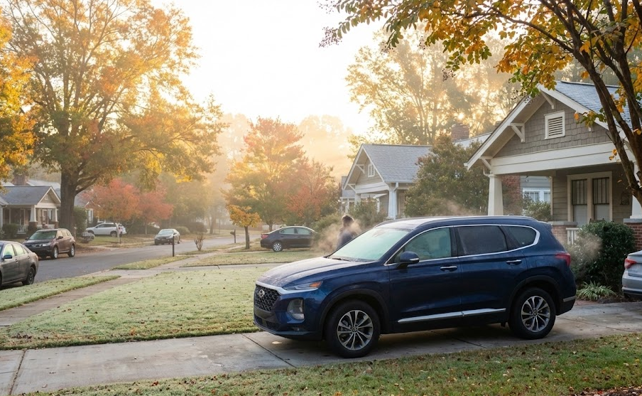 Hyundai Santa Fe parked in driveway on cool fall morning, October temperature drop Pineville NC, frosty grass and autumn leaves in suburban Charlotte neighborhood, Hyundai SUV cold start in North Carolina, TPMS light comes on after overnight temperature change, Hyundai Santa Fe owner leaving for morning commute, fall weather tire pressure changes Charlotte NC, South Charlotte Hyundai Service Center customers, Hyundai Santa Fe blue exterior in residential street scene, Charlotte metro area Hyundai drivers preparing for work