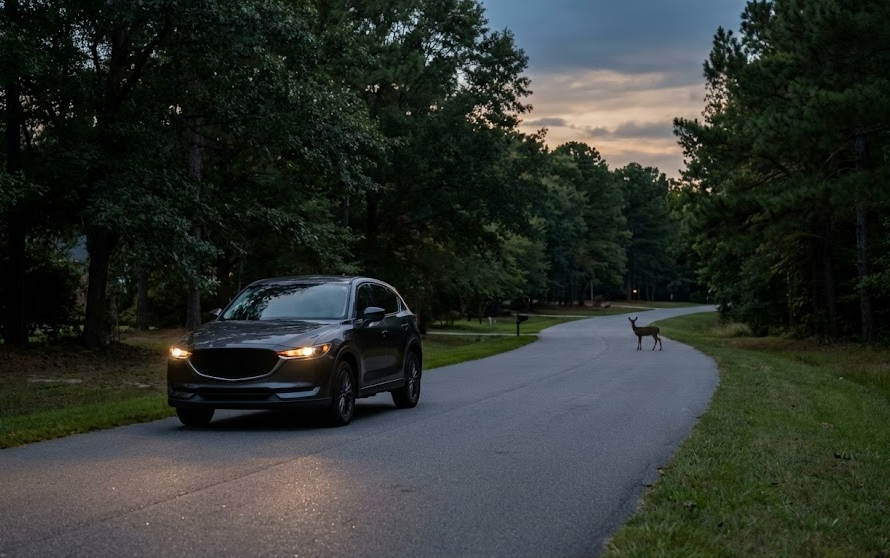 Hyundai SUV approaching deer in road at dusk, Providence Road style neighborhood street near Charlotte NC, deer crossing hazard during North Carolina deer season, headlights illuminating curving roadway, South Charlotte Hyundai Service safety message, night driving risk between Pineville and Matthews, visibility and reaction time for Hyundai drivers, late fall evening commute in Mecklenburg County, wildlife collision prevention image