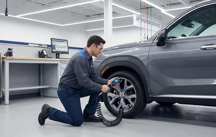 Certified Hyundai technician checking tire pressure with digital gauge, professional tire inflation service at South Charlotte Hyundai Service Center Pineville NC, Hyundai SUV in clean dealership service bay, TPMS reset and calibration performed by Hyundai experts, nitrogen tire inflation and complimentary tire health check Charlotte metro area, Hyundai factory trained mechanic inspecting tread depth and valve stem, Hyundai service coupons for tire rotation and alignment, dealership quality tire maintenance near Ballantyne and Matthews, Hyundai Santa Fe or Tucson in service department, trusted Hyundai tire pressure monitoring system repair