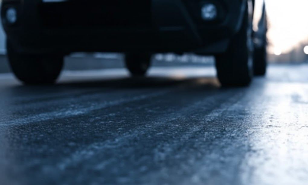 icy winter road surface, slick black ice conditions, BMW xDrive stopping distance warning, Long Island winter driving near Freeport NY, BMW of Freeport Service Center safety tips, cold weather road hazard at 45 degrees, Sunrise Highway and Merrick Road icy pavement, BMW winter tire education, dangerous frozen roadway for BMW drivers, importance of proper winter tires on Long Island