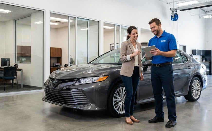 friendly collision center advisor reviewing repair estimate on tablet with customer, insurance claim help for transport damage Naples FL, modern auto body reception area with late model sedan, Naples Premium Collision Center working with carrier insurance, OEM parts repair estimate discussion, luxury collision repair consultation near Marco Island and Bonita Springs, customer service for snowbird vehicle shipping claims, trusted body shop for Porsche Mercedes Bentley in Southwest Florida