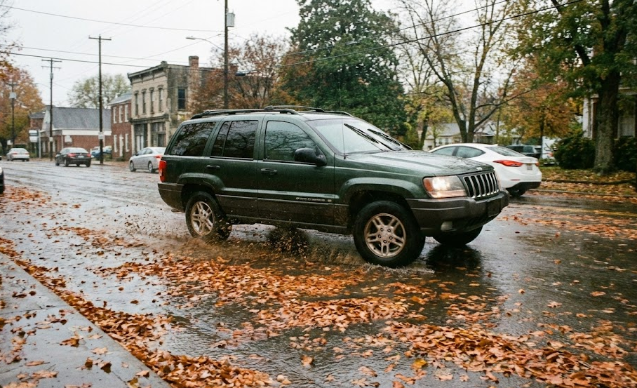 green SUV resembling Jeep driving through puddles and wet leaves on city street, hydroplaning splash on leaf-covered road in Franklin TN, dangerous fall driving conditions near Murfreesboro Road, Franklin Chrysler Dodge Jeep Ram Service Center warning about wet foliage, Tennessee rain and leaf buildup reducing traction, CDJR hydroplane prevention inspection, Jeep and Ram owners fall safety reminder, local Franklin TN neighborhood street after rainstorm
