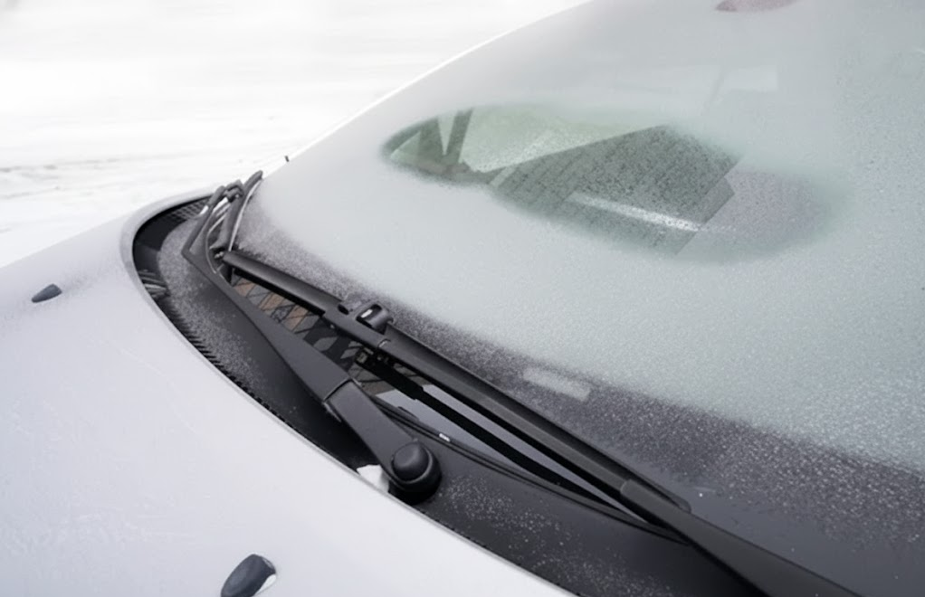 partially defrosted windshield with working wiper blades, front defroster clearing ice and frost from INFINITI windshield, clear view of road returning during winter drive, Lake Norman INFINITI defroster repair success, safe winter visibility for commute on I-77 and local Cornelius Davidson Huntersville NC streets, proven climate control service at Lake Norman INFINITI Service Center, ready for first hard freeze around Lake Norman, winter driving confidence