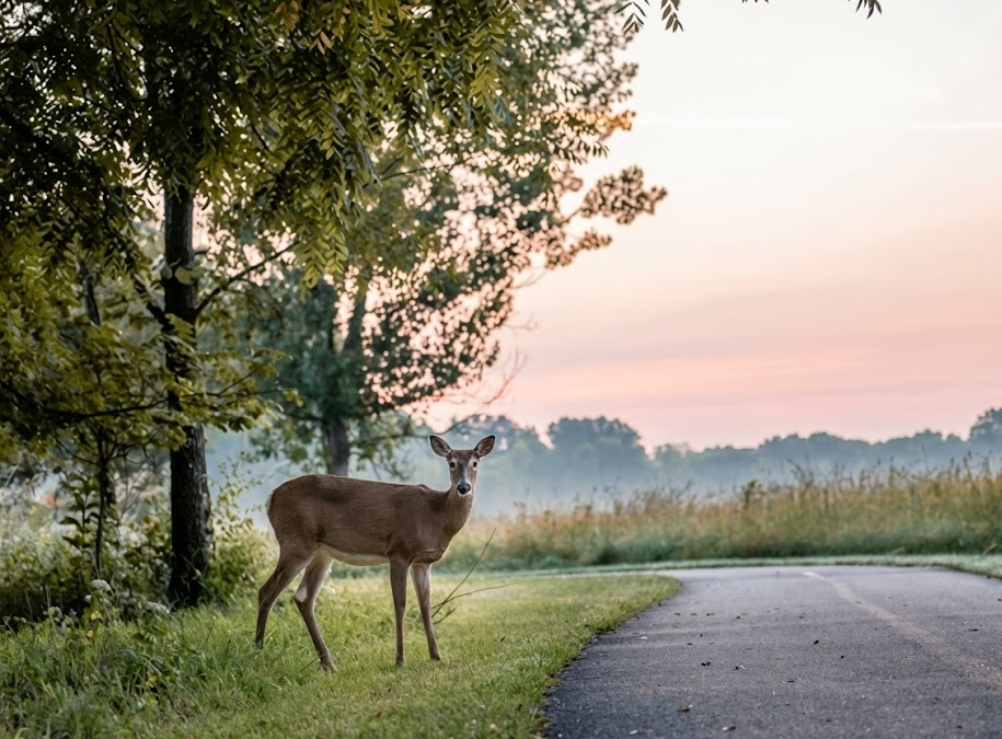 deer standing near roadway at sunrise, Long Island deer near Southern State Parkway, wildlife hazard for BMW drivers, deer collision risk Nassau County NY, autumn dawn driving conditions, foggy morning highway shoulder, example of deer strike danger for BMW of Freeport Collision Center customers, deer crossing area near Sunrise Highway, fall rut season deer activity, New York deer accident awareness