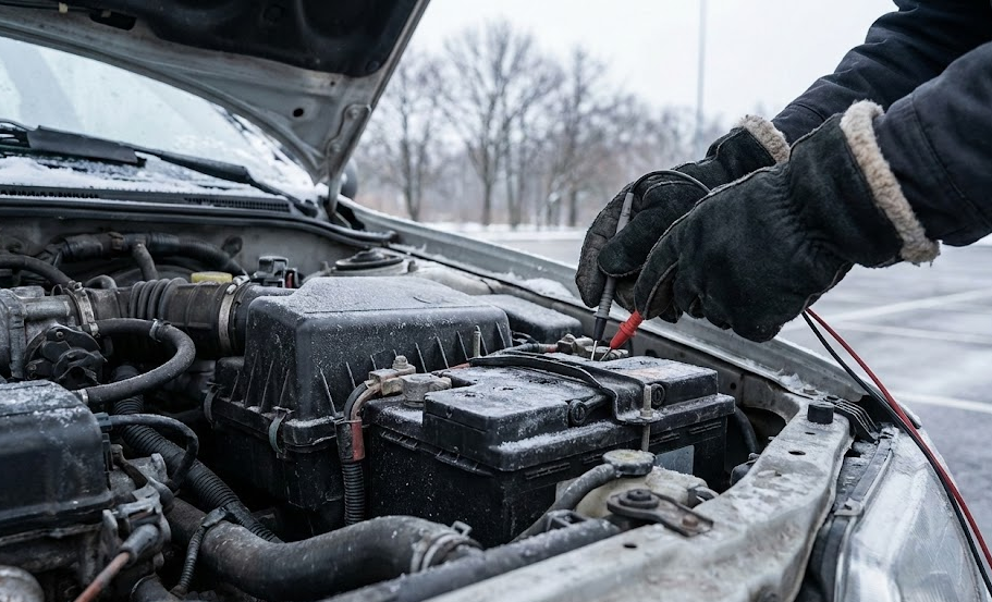 close up of mechanic hands in winter gloves testing car battery with multimeter, snow and ice around engine bay, cold weather battery diagnostics, Louisville KY winter driving preparation, Honda battery health test, free battery inspection at Louisville Honda World Service, prevent dead battery in freezing temperatures, genuine Honda replacement battery check, Jefferson County Kentucky winter auto service, reliable Honda starting power in cold climate