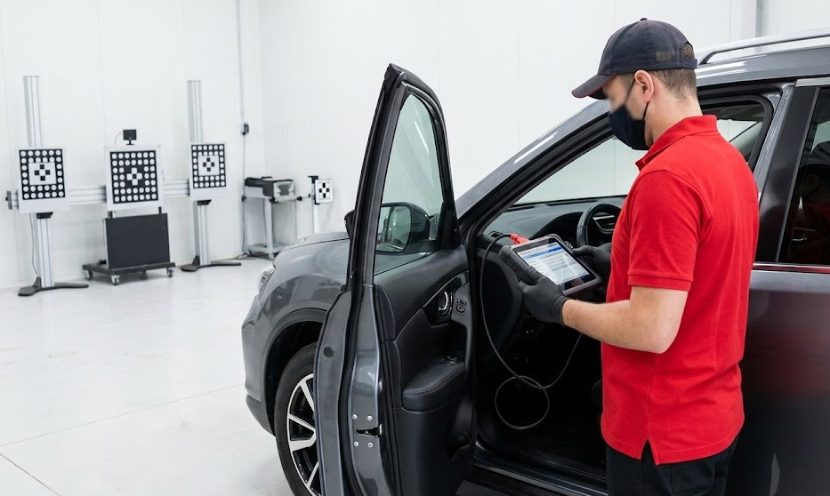 technician performing ADAS calibration on Nissan SUV, McDonough Nissan Service center Henry County GA, radar and camera sensor calibration bay, Safety Shield 360 diagnostic tablet, automatic emergency braking and lane departure warning setup, factory-trained Nissan mechanic in red uniform, advanced driver assistance system alignment McDonough GA, windshield and front camera calibration near Stockbridge and Locust Grove, Nissan dealer service department for deer season safety inspection, professional Nissan sensor recalibration in Georgia
