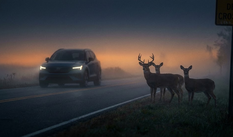 Nissan-style SUV with LED headlights approaching group of deer at dawn, foggy rural road in Henry County GA during rut season, deer crossing warning near McDonough and Stockbridge, dangerous low visibility driving conditions, Nissan driver assistance technology for wildlife collisions, Safety Shield 360 protection on country highway, fall morning commute with deer on roadside, Georgia deer season road safety near Locust Grove, cautious Nissan driver slowing for animals, ADAS systems helping during peak deer activity