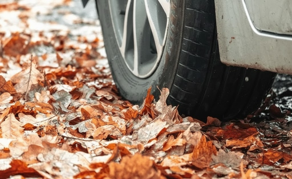 Close-up of luxury vehicle tire driving over wet autumn leaves, slippery Long Island fall roads, Nassau County NY morning dew and rain, importance of proper wheel alignment for traction, Mercedes-Benz tires gripping leaf-covered pavement, pre-winter safety preparation, Massapequa Amityville Lindenhurst commuters, tire tread and alignment protecting 4MATIC performance
