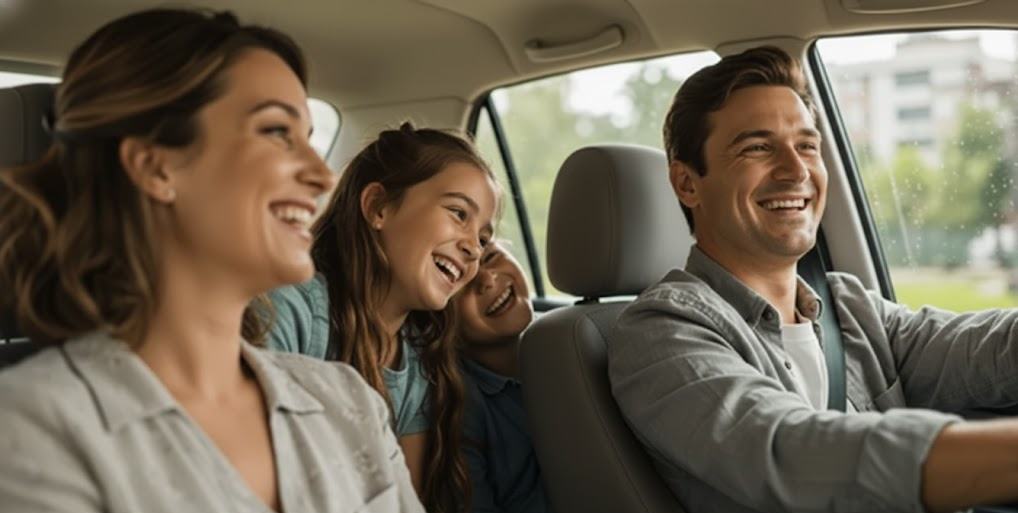 Smiling family riding together in modern luxury SUV, smooth highway driving after professional wheel alignment, Mercedes-Benz style interior, safe fall and winter travel on Long Island, Massapequa family enjoying quiet comfortable ride, 4MATIC all-wheel drive operating at peak performance, peace of mind after alignment service at Mercedes-Benz of Massapequa, Nassau County NY road trip