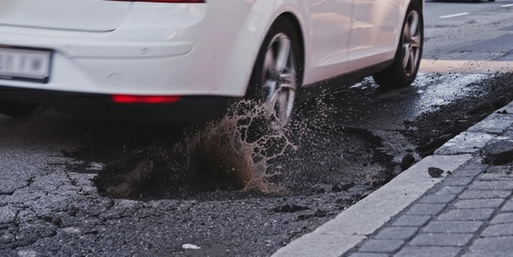 Mercedes-Benz style luxury sedan driving through deep pothole, Southern State Parkway pothole damage, Long Island highway rough roads, wheel alignment problems from summer potholes, Mercedes-Benz 4MATIC alignment issues, Nassau County NY road construction, suspension and steering damage from hit pothole, Massapequa Amityville Lindenhurst commuter traffic, need for Mercedes-Benz factory wheel alignment service