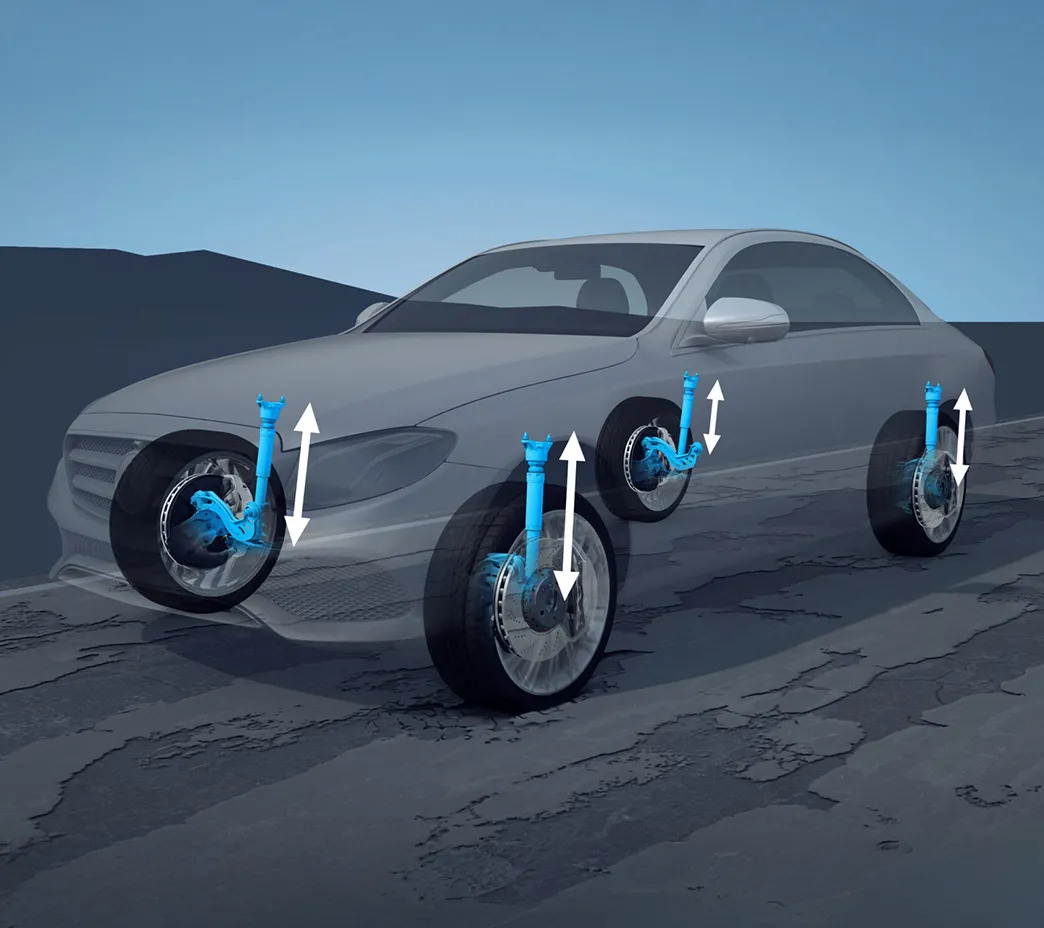 Illustration of Mercedes AIRMATIC ride height control, adaptive damping struts adjusting on rough road, compressor and valve block function, uneven ride height troubleshooting, AIRMATIC malfunction warning, Mercedes suspension calibration Daytona Beach, professional diagnosis with STAR system, air suspension repair Florida coast