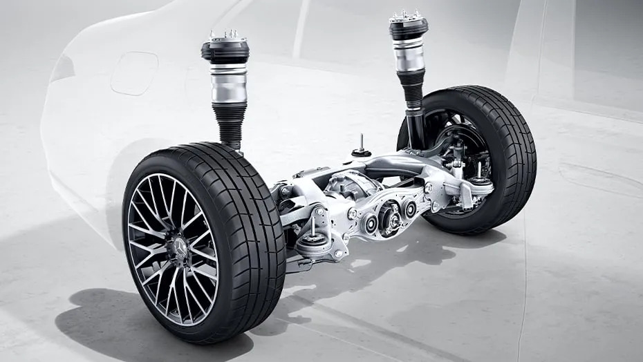 Mercedes-Benz of Daytona Beach AIRMATIC suspension assembly, Mercedes air spring and adaptive damping close-up, S-Class suspension components, Daytona Beach air suspension repair, AIRMATIC malfunction diagnosis Florida, Mercedes suspension service near me, Genuine Mercedes-Benz parts, certified Mercedes technicians Daytona, luxury car undercarriage inspection, air suspension leaks and compressor service