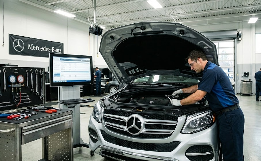 certified Mercedes-Benz technician performing maintenance under the hood in dealership service bay, Mercedes-Benz of Daytona Beach service center, pre-holiday Service A and Service B inspection, brake and fluid check before I-95 trip, luxury SUV on lift in modern repair facility, Daytona Beach FL Mercedes service specials, Express Service for busy holiday travelers
