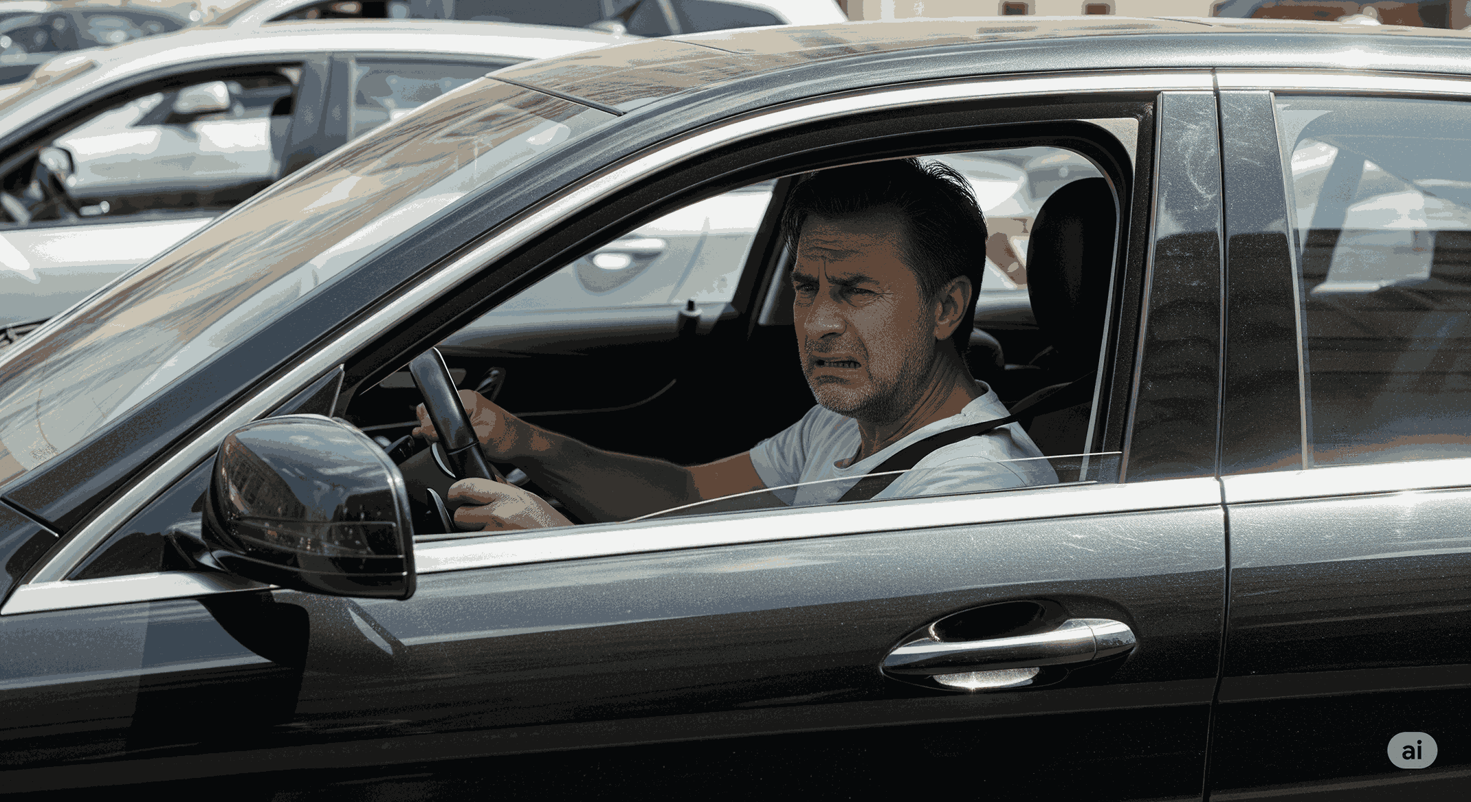 Driver in Mercedes-Benz uncomfortable from heat, broken A/C Mercedes-Benz Massapequa NY, luxury vehicle no air conditioning, stuck in Long Island traffic heat, urgent Mercedes A/C repair needed Nassau County, sweltering car interior, Mercedes-Benz cooling system failure