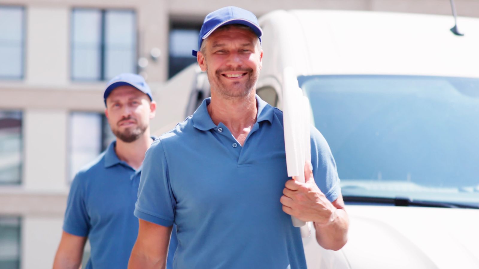 Plumber retrieving pipe and fittings from a well-organised Mercedes-Benz Sprinter cargo van