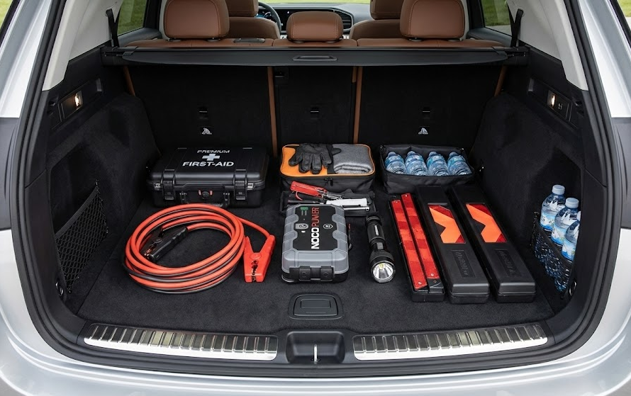 organized emergency roadside kit in Mercedes-Benz SUV trunk, first-aid kit, jumper cables, warning triangles, flashlight, gloves, bottled water, holiday road trip safety gear, I-95 travel preparation, Mercedes-Benz of Daytona Beach service tips, Daytona Beach FL luxury driver emergency essentials, Snowbird travel kit for Florida to northeast drive