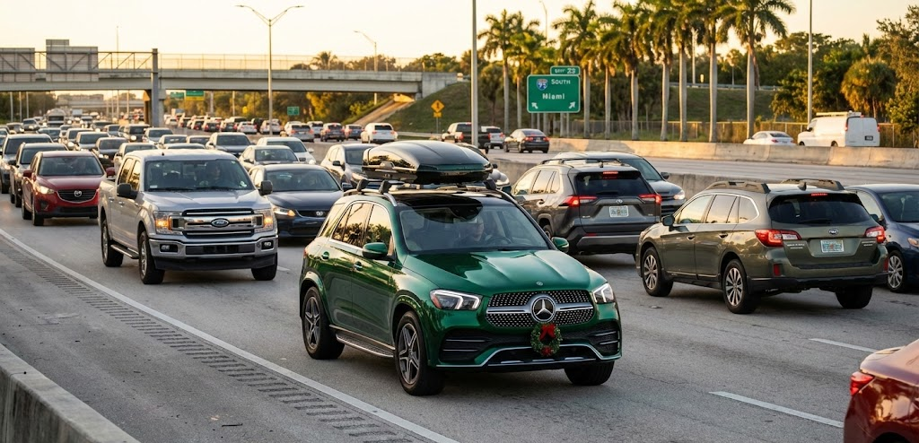green Mercedes-Benz SUV driving in heavy Florida highway traffic, I-95 holiday congestion with palm trees and Miami road signs, busy interstate travel scene, Mercedes-Benz family road trip, Snowbirds driving through Volusia and Flagler counties, Daytona Beach FL holiday travel conditions, luxury SUV in bumper-to-bumper traffic at sunset
