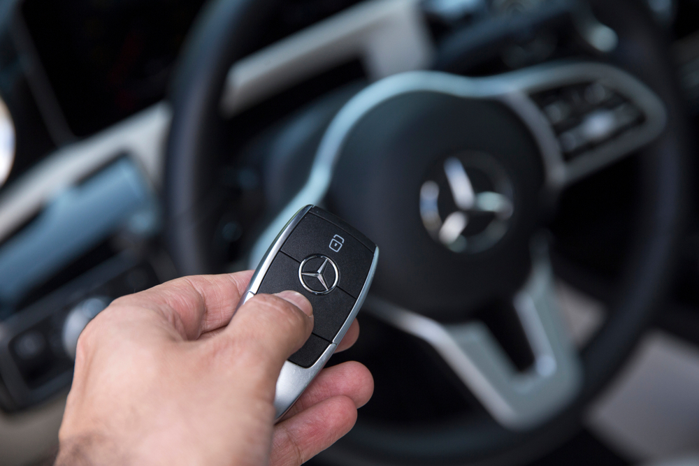 Mercedes-Benz SmartKey key fob inside luxury vehicle, Mercedes key battery replacement Dayton, Mercedes-Benz key not detected, key fob troubleshooting Dayton OH, Mercedes push start system, Mercedes-Benz C-Class key problems, Mercedes-Benz of Dayton key services