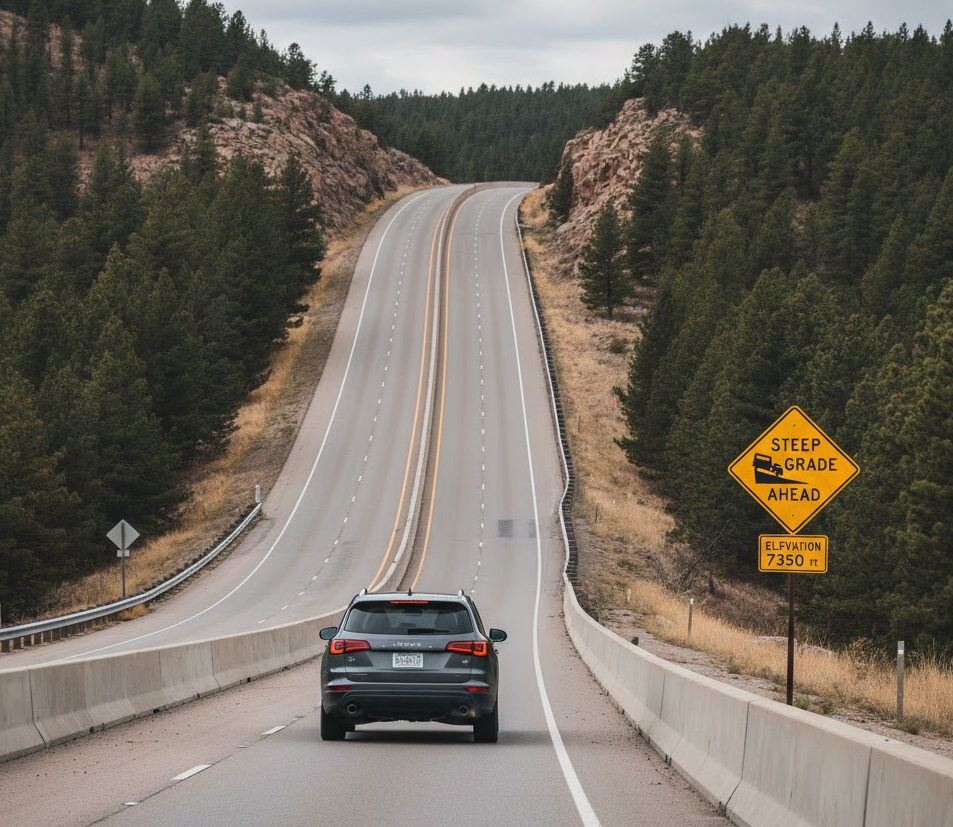 Nissan SUV driving up Monument Hill in Colorado, steep grade warning sign 7350 ft elevation, I-25 mountain climb stressing CVT transmission, Colorado Springs severe service conditions, Woodmen Nissan CVT fluid inspection reminder, winter mountain driving safety, Nissan Rogue Pathfinder Altima transmission protection, high altitude highway road trip
