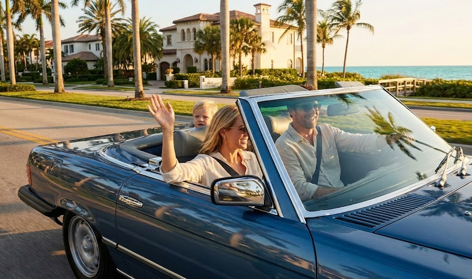 smiling family driving restored luxury convertible along Naples beachfront, palm lined boulevard and Gulf of Mexico sunset, happy snowbirds enjoying season after certified collision repair, blue classic convertible cruising near Port Royal and Gulf Shore Boulevard, Naples Premium Collision Center showroom quality paint repair, flawless bodywork on imported vehicle, luxury car lifestyle in Southwest Florida, post transport damage repaired correctly, Naples FL collision shop for high end vehicles