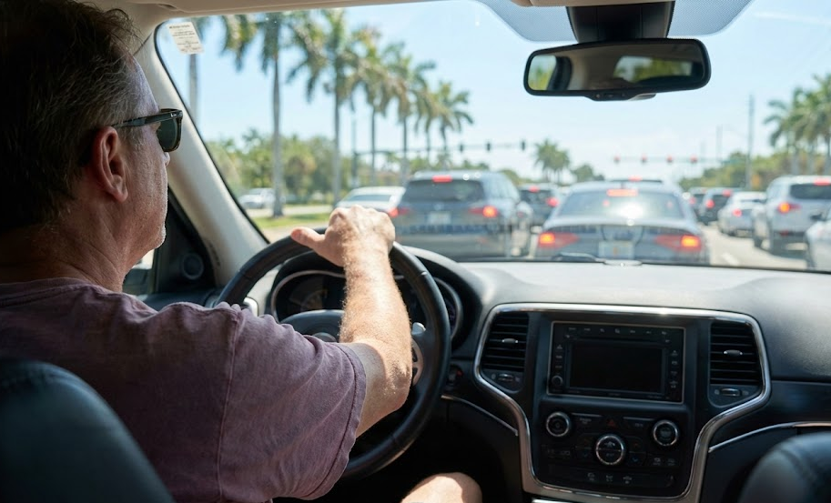 Naples Florida driver stuck in stop-and-go traffic, CVT transmission working hard in Southwest Florida heat, highway congestion with palm trees, severe driving conditions on Tamiami Trail, Nissan Rogue or Altima daily commute, Naples stoplight traffic, summer driving over 90 degrees, Naples Nissan CVT maintenance reminder, Florida highway traffic stress on transmission
