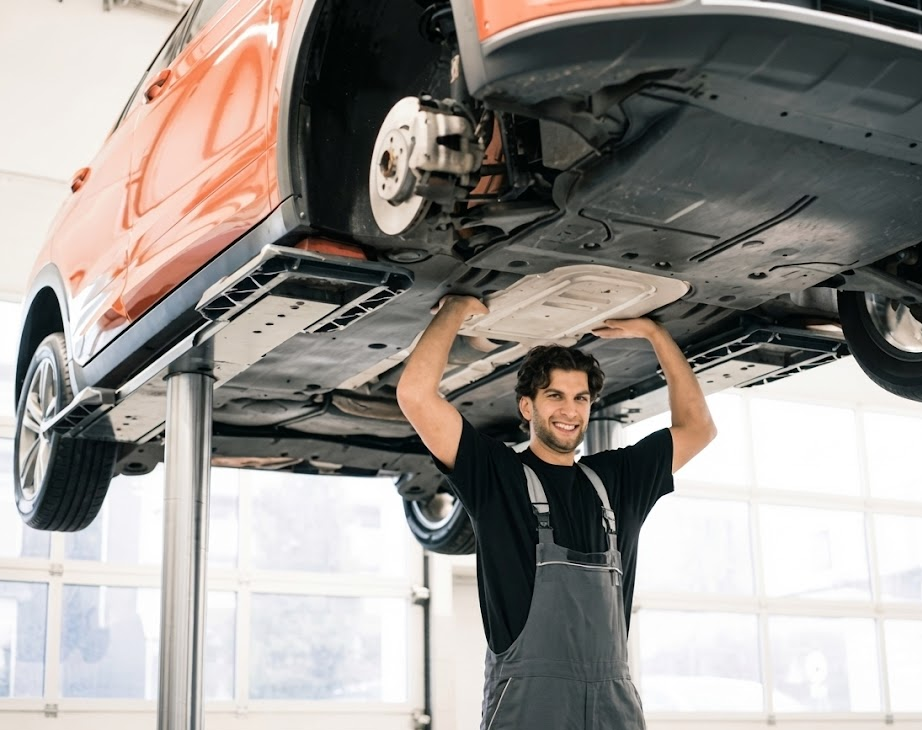 Naples Nissan technician inspecting undercarriage and CVT transmission, vehicle on lift in clean service bay, certified Nissan mechanic checking transmission pan and protective shields, CVT fluid exchange and maintenance, factory-trained technician in Naples FL, dealership service center for Rogue and Altima, professional transmission inspection, protect Nissan CVT from heat and traffic