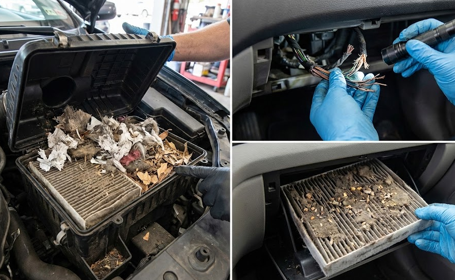 rodent nest inside engine air filter box, chewed wiring harness repair, Naples Nissan pest damage inspection, mice in car air filter and cabin filter, snowbird vehicle storage rodent problem, clogged dirty cabin air filter replacement Naples FL, Nissan air filter housing cleaning, electrical wiring damage from rodents, Naples Nissan Service Center pest patrol for stored vehicles, Southwest Florida car pest infestation prevention