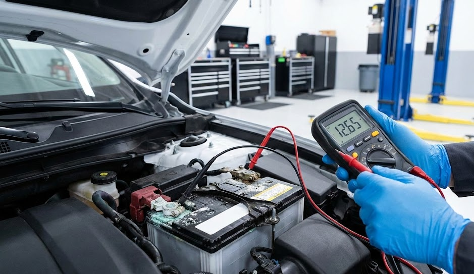 Naples Nissan technician testing car battery with multimeter, complimentary battery diagnostic Naples Nissan Service Center, Florida heat damaged battery corrosion on terminals, snowbird Nissan post-storage inspection, Rogue or Altima battery voltage drop check, factory-trained Nissan technician in service bay, Naples FL Gulf Coast car maintenance, prepare Nissan for season driving, electronic safety system voltage check, schedule battery replacement near Pine Ridge Road