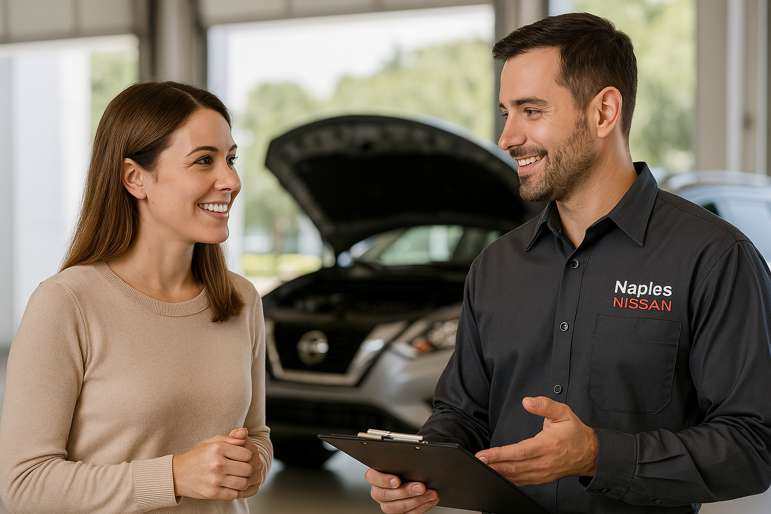 Naples Nissan service team discussing oil change with customer
