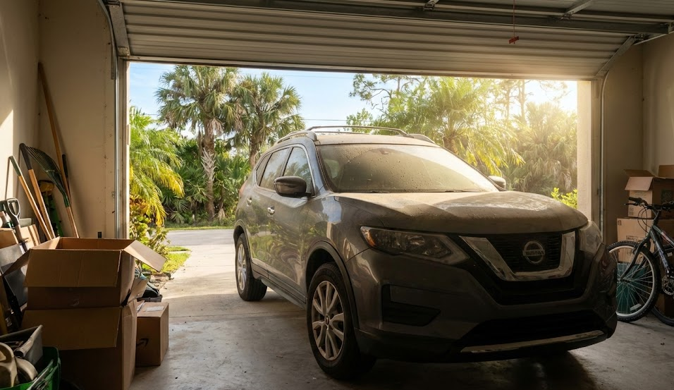 Nissan Rogue covered in dust after six months of storage in a Naples Florida garage, snowbird vehicle return shock, Gulf Coast vacation home car sitting all summer, Naples Nissan Service Center post-storage inspection reminder, Florida heat damage from long-term parking, SUV in cluttered garage with palm trees outside, seasonal resident car maintenance Naples FL, stored Nissan needing battery tire and fluid check, welcome back to paradise service visit, Naples Nissan snowbird service near Vanderbilt Beach