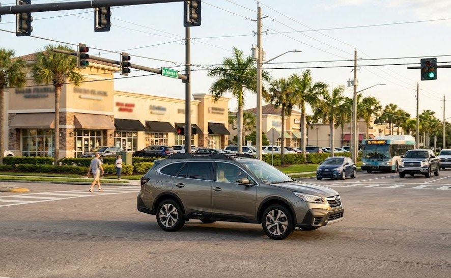 Nissan SUV driving through busy Naples Florida intersection, Tamiami Trail traffic with palm trees, Southwest Florida shopping center and stoplights, severe driving conditions for CVT transmission, local Naples commuting, city stop-and-go traffic, CVT fluid heating up, Naples Nissan service area, everyday driving that qualifies as severe service schedule