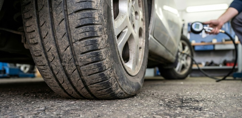 Close-up of underinflated car tire being filled with air at Naples Nissan Service Center, flat spots on tire tread from long-term storage, tire pressure gauge in technician hand, Naples Florida snowbird tire inspection, prepare Nissan for I-75 highway driving, tire rotation and balance service Naples FL, safe handling in afternoon thunderstorms, Nissan Rogue tire maintenance near Vanderbilt Beach Road, post-storage safety check for seasonal residents
