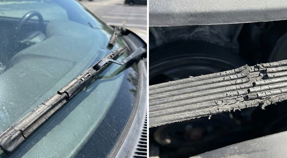 Split image of cracked windshield wiper blade and worn serpentine belt, Florida sun damage to rubber components, Naples Nissan post-storage inspection for dried seals belts and wipers, harsh Gulf Coast UV exposure on parked Nissan, safety risk from old wiper blades and drive belt failure, Naples FL seasonal resident car maintenance, genuine Nissan replacement parts, prevent leaks squealing and breakdowns, service appointment at Naples Nissan on Pine Ridge Road