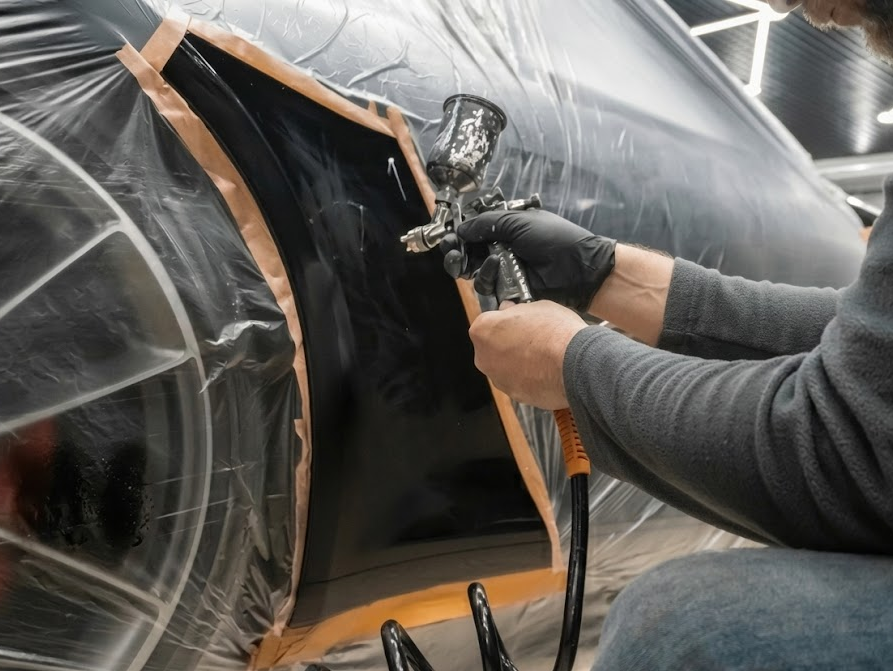 automotive painter using spray gun on masked vehicle panel, OEM color-matched paint repair Naples Premium Collision Center, luxury car bumper and panel refinishing Naples FL, factory-quality paint work for lease return, professional collision center spray booth, restoring showroom finish before lease turn-in