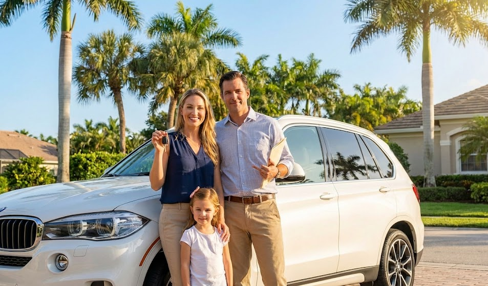 happy family standing by clean white luxury SUV in sunny Naples Florida, successful lease return after cosmetic repairs, Naples Premium Collision Center customers, stress-free luxury lease-end experience Collier County, pre-lease inspection savings, showroom-ready vehicle with palm trees neighborhood backdrop